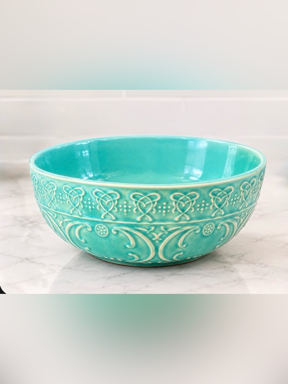 Turquoise Embossed Stoneware Serving Bowl